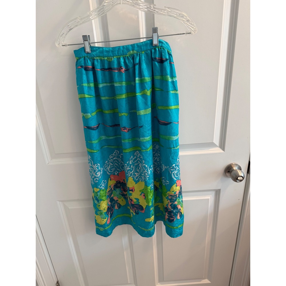 Anne Crimmins UMI Collections Vintage 100% Silk Teal Floral Midi Skirt Womens 12